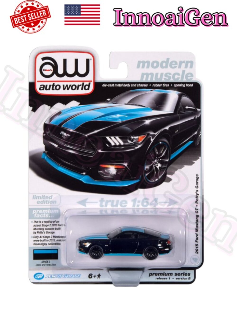 Auto World Modern Muscle 2015 Ford Mustang GT Petty's Garage 1:64 Diecast Black